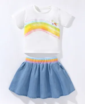 SAPS Rainbow Printed & Embroidered T-shirt & Skirt Set - Multicolor