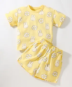 SAPS All Over Rabbit & Flowers Print T-shirt & Shorts Set - Yellow