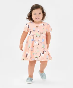 Bonfino 100% Cotton Knit Half   Sleeves Frock With Bloomer Unicorn Print- Pink