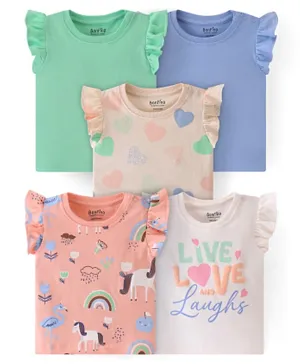 Bonfino 100% Cotton Frill Sleeves Unicorn Printed T-Shirts Pack of 5 -Multicolour