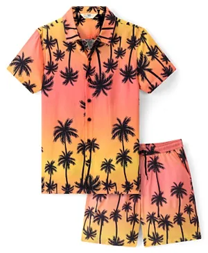 Primo Gino 100% Viscose Half Sleeves Resort Collar Sunset Palm Print Shirt & Shorts Set - Peach & Yellow