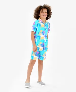 Primo Gino 100% Viscose Half Sleeves Resort Collar Tropical Print Shirt & Shorts Set -Multicolor