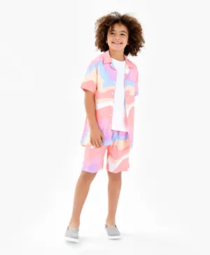 Primo Gino 100% Viscose Half Sleeves Resort Collar Marble Print Shirt & Shorts Set -Multi Color