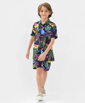 Primo Gino Leaves All Over Printed Shirt and Shorts Set - Navy
