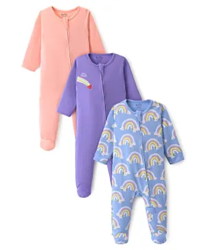 Bonfino 100% Cotton Knit Full Sleeves Sleepsuits with Rainbow Print Pack Of 3 - Peach  Blue & Violet
