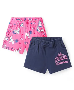 Doodle Poodle Cotton Knit Above Knee Length Ruffled & Bow Detailed Shorts Unicorn & Text Print Pack of 2 - Pink & Navy Blue
