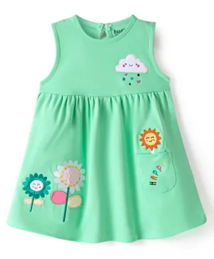 Bonfino 100% Cotton Knit Sleeveless Frock with Floral Embroidery- Green