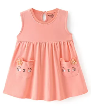 Bonfino 100% Cotton Knit Sleeveless Frock with Kitty Printed Patch Pockets - Pink