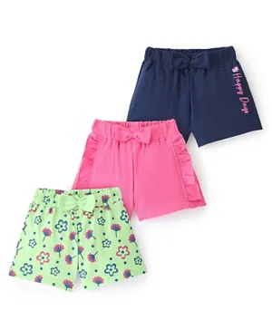 Doodle Poodle 100% Cotton Single Jersey Knit Above Knee Length Shorts With Bow Applique & Floral Print Pack Of 3 - Blue Pink & Green