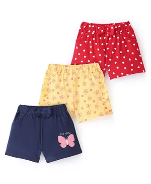 Doodle Poodle 100% Cotton Single Jersey Knit Shorts With Frills & Bow Applique & Floral Hearts & Butterfly Print Pack Of 3 - Navy Blue Red & Yellow