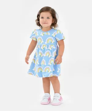 Bonfino 100% Cotton Knit Half   Sleeves Frock With Bloomer Rainbow Print - Blue