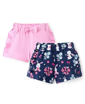 Doodle Poodle 100% Cotton Above Knee Length Frilled Shorts with Bow Applique & Floral Print Pack of 2 - Navy Peony & Pink Frosting