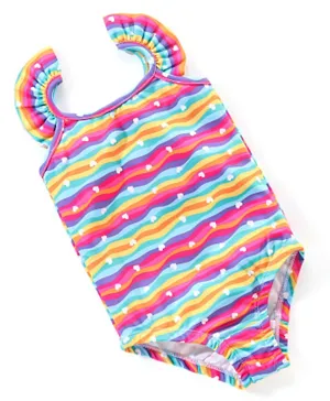 Babyhug Flutter Sleeves V Cut Swimsuit with Heart & Wave Print -  Multicolour