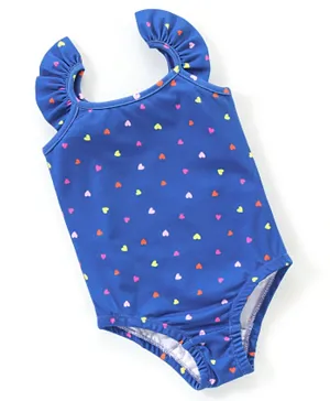 Babyhug Flutter Sleeves V Cut Swimsuit Heart Print- Blue
