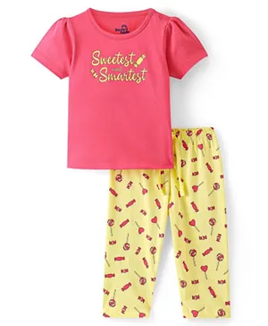 Doodle Poodle 100% Cotton Half Sleeves Text & Candy Printed Night Suit - Pink & Yellow