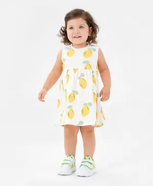 Bonfino 100% Cotton Tropical All Over Printed Sleeveless Frock With Bloomer - White