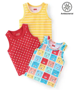 Babyhug 100% Cotton Antibacterial Sleeveless Vests Stripes Star & Bear Print Pack Of 3 - Red Yellow & Blue