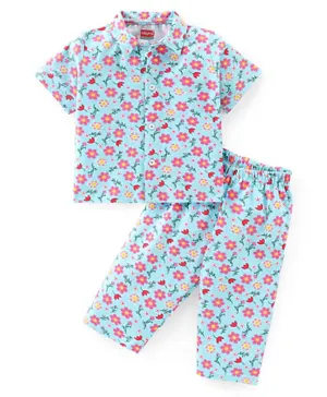 Babyhug Single Jersey Knit Half Sleeves Floral Print Night Suit - Blue
