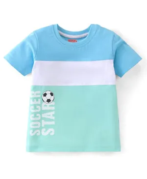 Babyhug 100% Cotton Knit Half Sleeves T-Shirt Text & Colour Block Print -Blue & White
