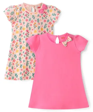 Babyhug Half Sleeves Frocks with Bow Floral Print Pack of 2 - Peach & Pink