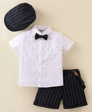 ToffyHouse 100% Cotton Woven Half Sleeves Shirt with Striped Cap Short & Suspender- Black & White