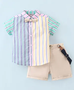ToffyHouse 100% Woven Cotton Half Sleeves Yarn Dyed Striped Shirt & Shorts Set with Quirky Suspender & Bow Tie - Multicolour