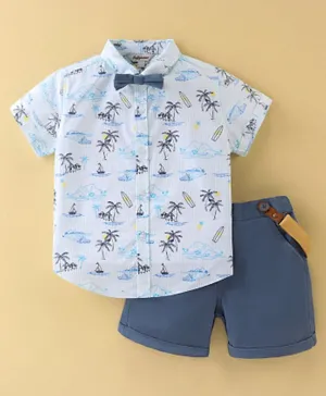 ToffyHouse Cotton Woven Pre Printed Fabric Half Sleeves Shirt with Shorts & Quirky Suspenders Set - Blue & White