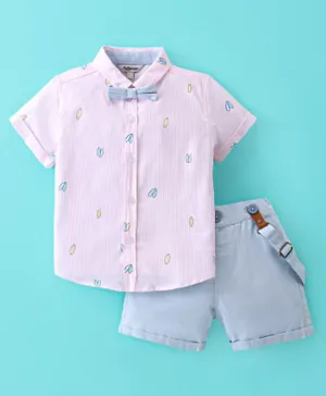 ToffyHouse 100% Woven Cotton Half Sleeves Pre Printed Fabric Shirt & Shorts Set with Quirky Suspender & Bow Tie - Light Blue & Pink