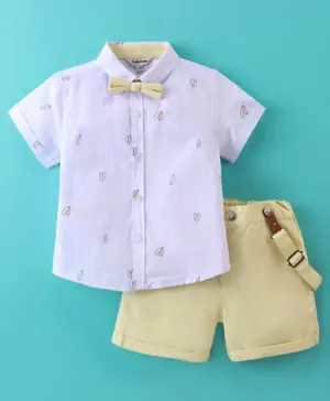 ToffyHouse Cotton Woven Pre Printed Fabric Half Sleeves Shirt with Shorts & Quirky Suspenders - Lemon Yellow & Blue