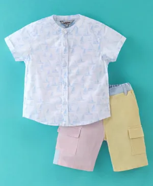 ToffyHouse Half Sleeves Shirt & Shorts With Boat Print - White Pink & Yellow