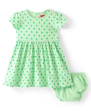 Babyhug Single Jersey Knit Half Sleeves Frock With Bloomer Polka Dot Print - Green