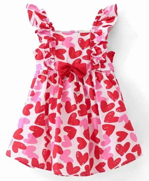 Babyhug 100% Cotton Woven Sleeveless Frock with Heart Print & Bow Applique - Red
