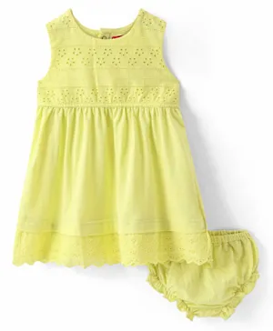 Babyhug Cotton Knit Sleeveless Floral Design Frock with Bloomer - Lime Yellow
