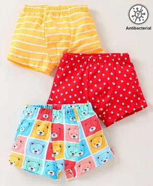 Babyhug 100% Cotton Knit Antibacterial Trunks Stripes Teddy & Star Print Pack of 3 - Yellow Red & Blue