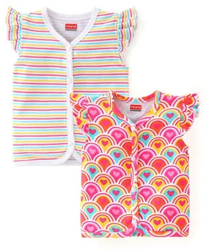 Babyhug 100% Cotton Interlock Knit Frill Sleeves Antibacterial Front Open Vest Stripes & Heart Print Pack of 2 - Multicolor