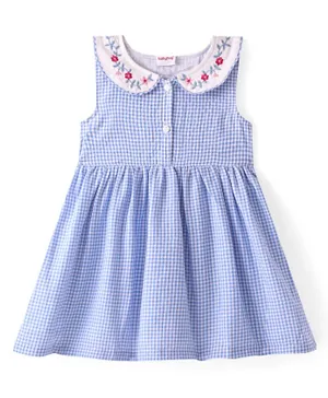 Babyhug Seer Sucker Woven Sleeveless Checks Frock with Floral Embroidery - Blue