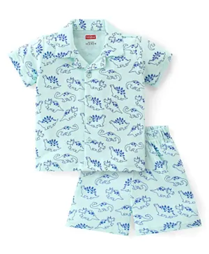 Babyhug Interlock Cotton Knit Half Sleeves Night Suit   Dino Print - Blue
