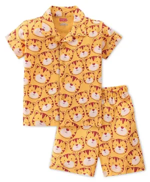 Babyhug Cotton Knit Interlock Half Sleeves Night Suit With Tiger Print - Yellow & Red