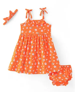 Babyhug 100% Cotton Single Jersey Knit Sleeveless Frock With Bloomer & Headband Floral Print - Orange