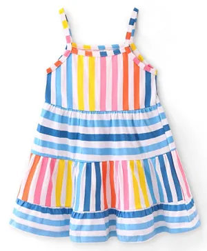 Babyhug Cotton Knit Singlet Sleeves Striped Dress - Multicolour