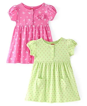 Babyhug 2 Pack Cotton Knit Half Sleeves Frocks Butterfly Heart & Polka Dots Print - Pink & Green