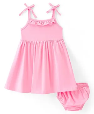 Babyhug Cotton Knit Sleeveless Solid Colour Frock with Bloomer - Peach