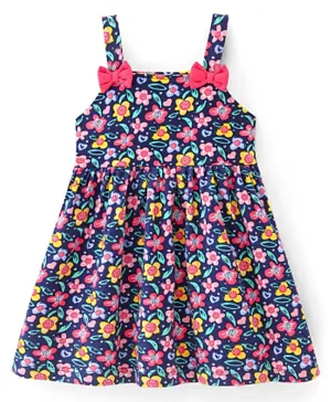 Babyhug Cotton Knit Singlet Sleeves Floral Printed & Bow Detailing Frock - Navy Blue