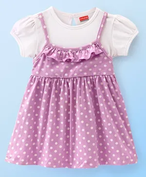 Babyhug 100% Cotton Knit Half Sleeves Frock with Frill Design Polka Dot Print - Purple
