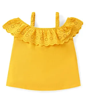 Babyhug Cotton Knit Off Shoulder Sleeves Schiffli Top With Frill Detailing - Mustard