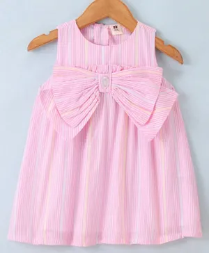 ToffyHouse 100% Cotton Woven Sleeveless Frock Striped Pattern & Bow Applique - Pink