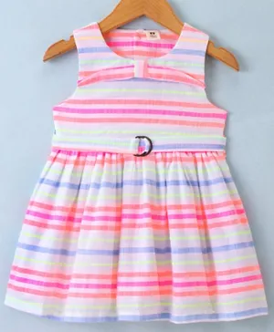 ToffyHouse 100% Cotton Woven Sleeveless Frock Neon Striped Pattern with Belt - Multicolor