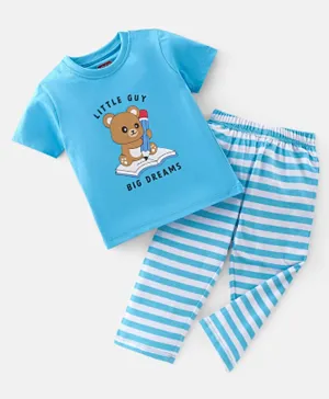 Babyhug Cotton Knit Half Sleeves Night Suit With Teddy Print - Blue