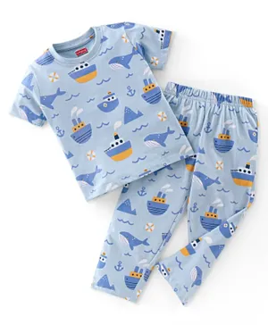 Babyhug Cotton Knit Half Sleeves Pyjama Set With Sea Life Print - Blue