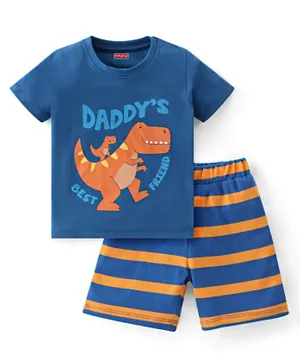 Babyhug Cotton Knit Short Sleeves Night Suit With Dino Print - Blue